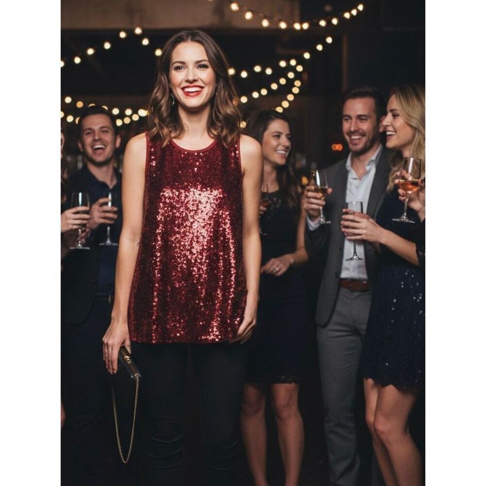 NEW Rachel Rachel Roy Womens Small Red Sequinned Sleeveless Top